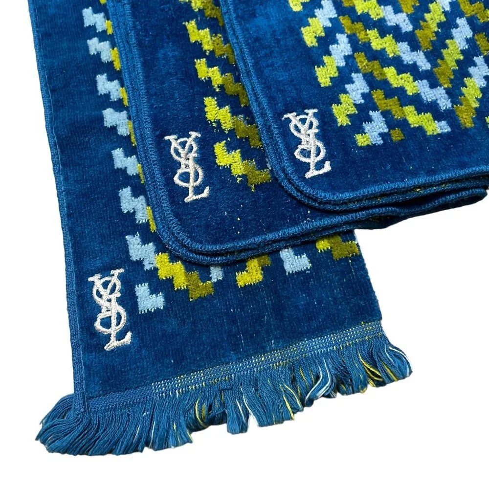 VTG YSL Yves Saint Laurent Blue Retro MCM Terrycloth Fieldcrest 3 Pc Towel Set